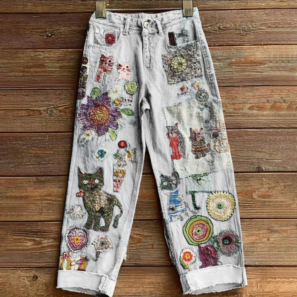 New 3D Heat-transfer Printed Flared Jeans-style Trousers In Faux Denim