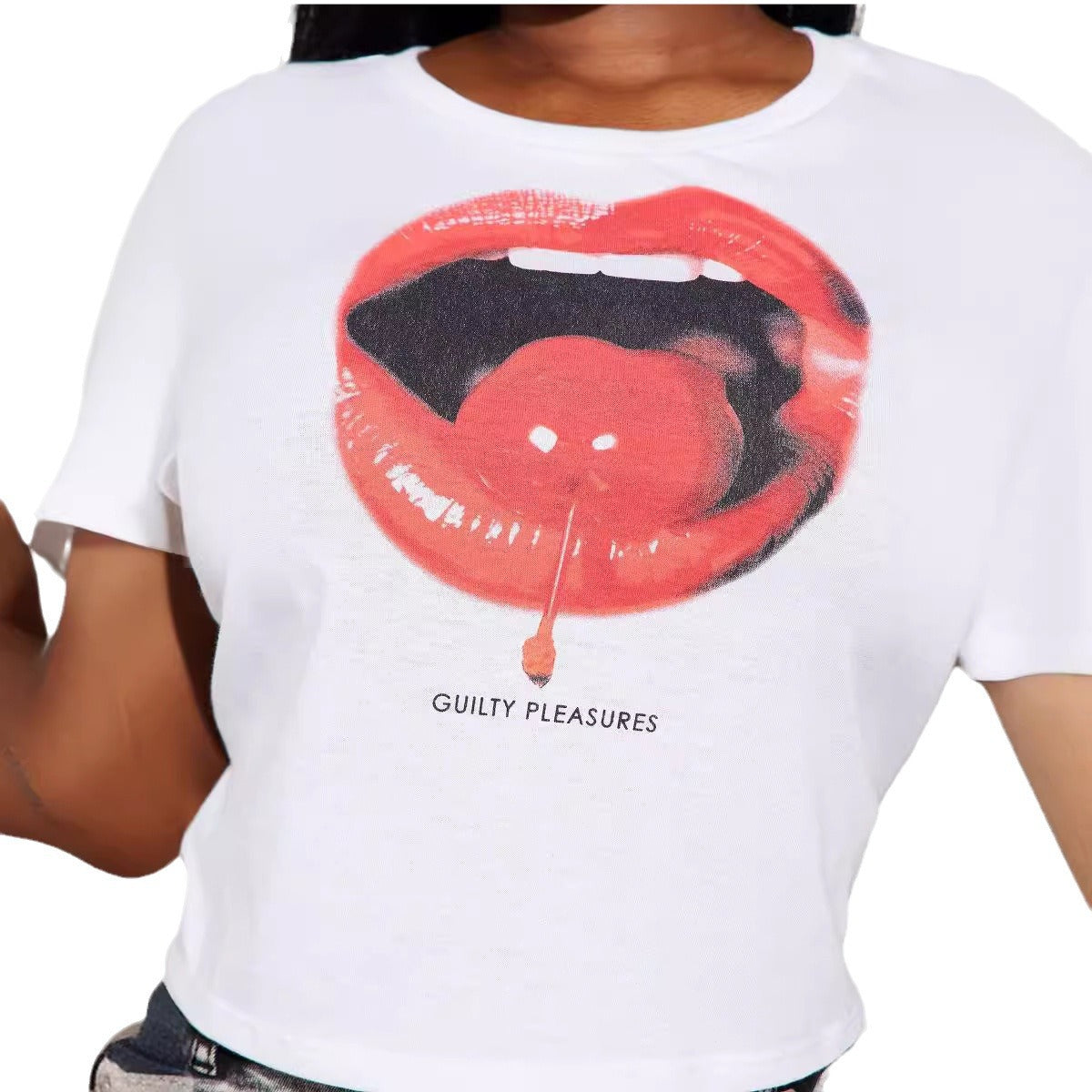 Retro Street Sexy Trend Large Lip Printings Short Sleeve