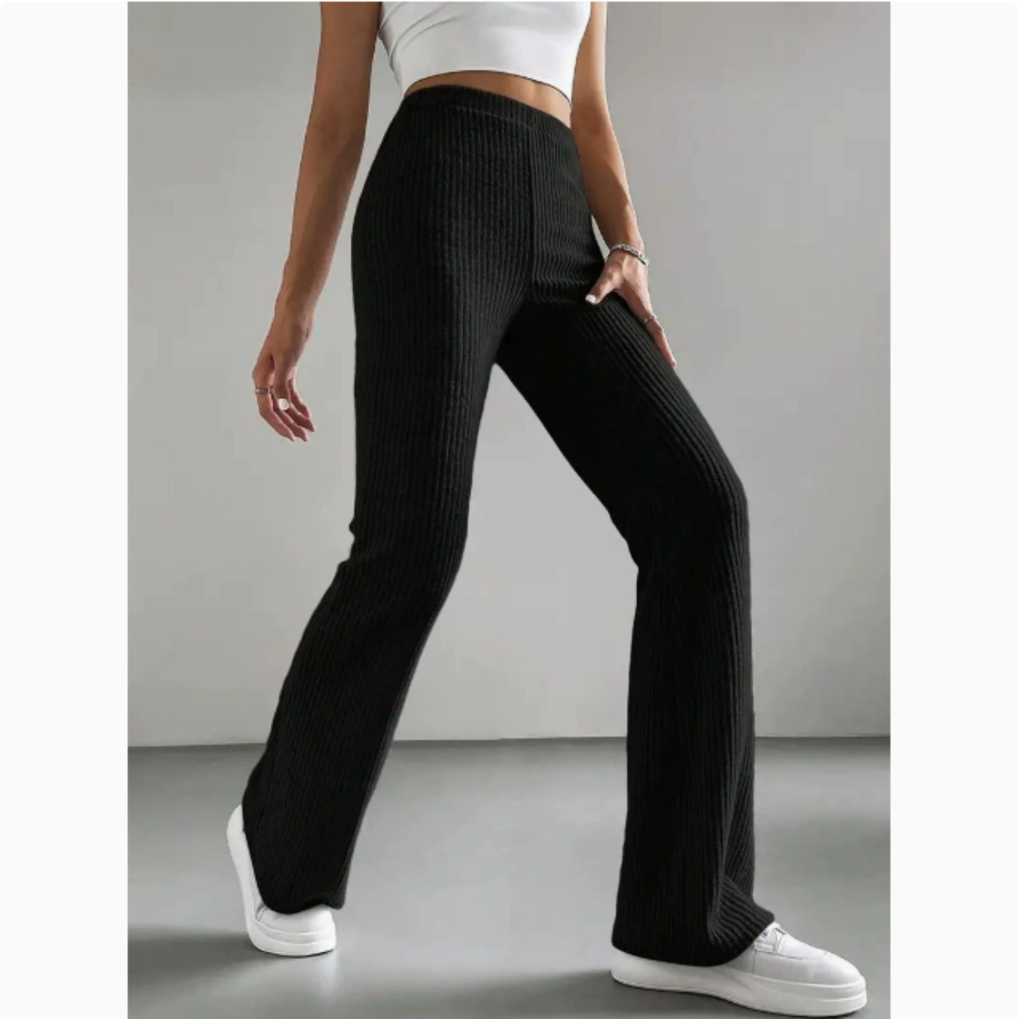 Women's Autumn Solid Color Rib Knit Bootcut Trousers