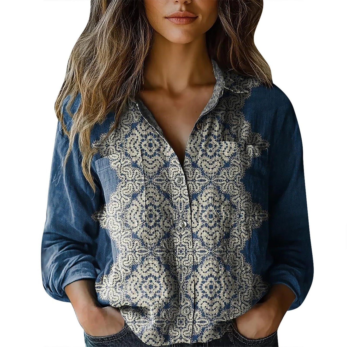 Womens V-neck Printed Blouseshirt