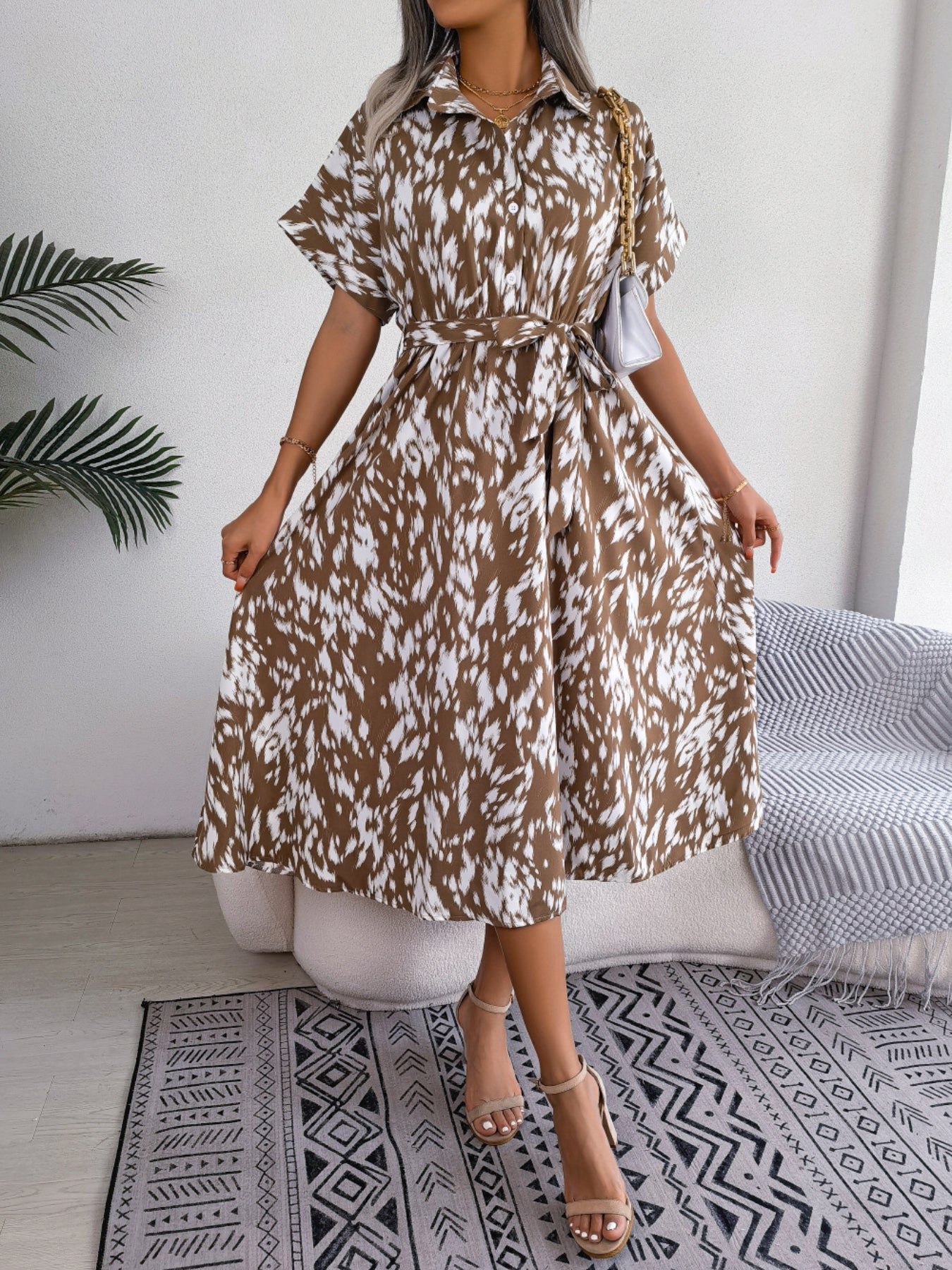 Women's Casual Loose Leopard Print Tie Waist Shirt Dress