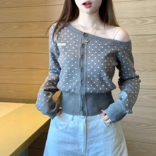 Polka Dot Long Sleeve Diagonal Cardigan Sweater Women's Casual Coat