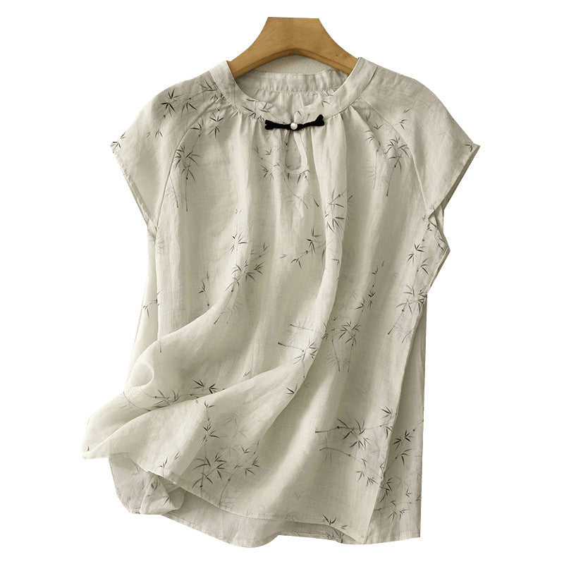 Crew-neck Artistic And Fashionable Cotton-linen Shirt With A Print