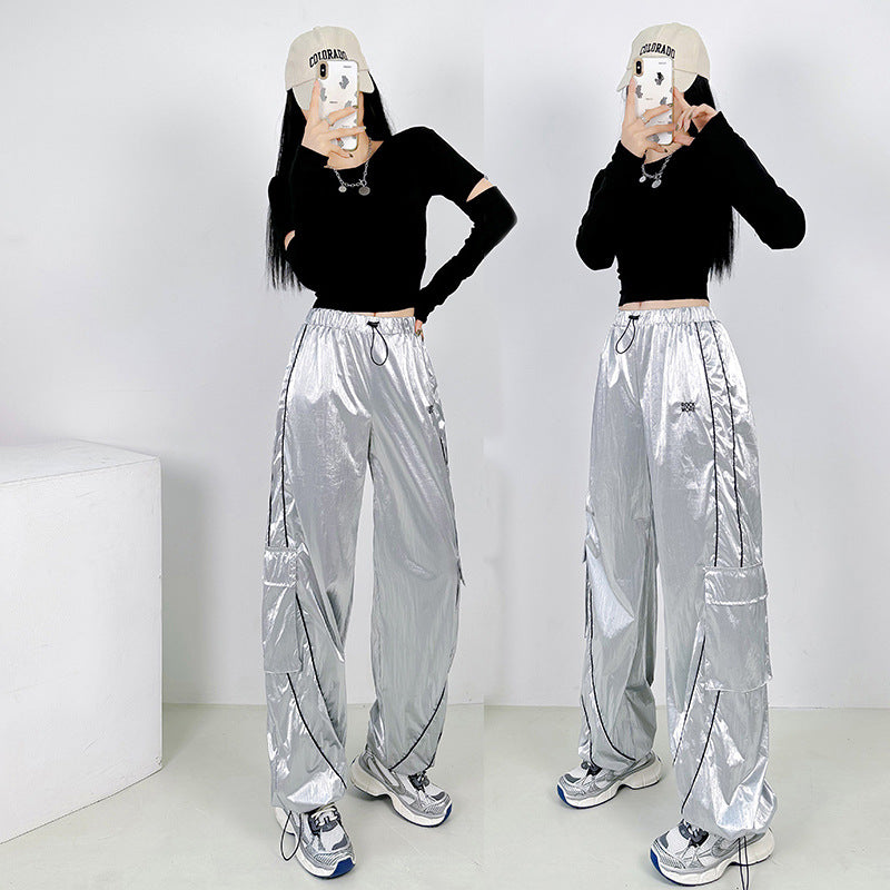 Silver Shiny Surface Pocket Overalls