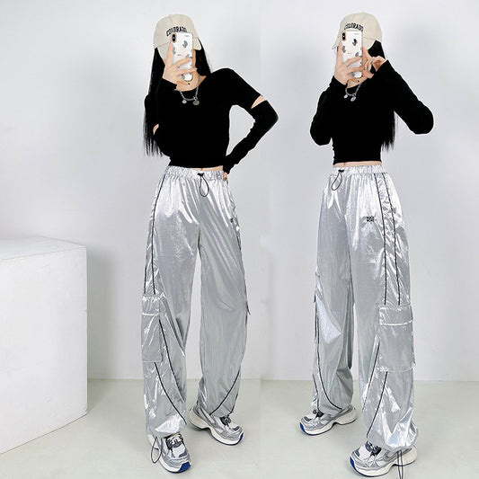 Silver Shiny Surface Pocket Overalls