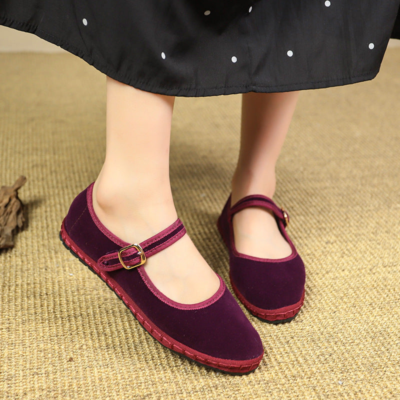 Retro Flat Bottom Suede Pumps Red Gentle