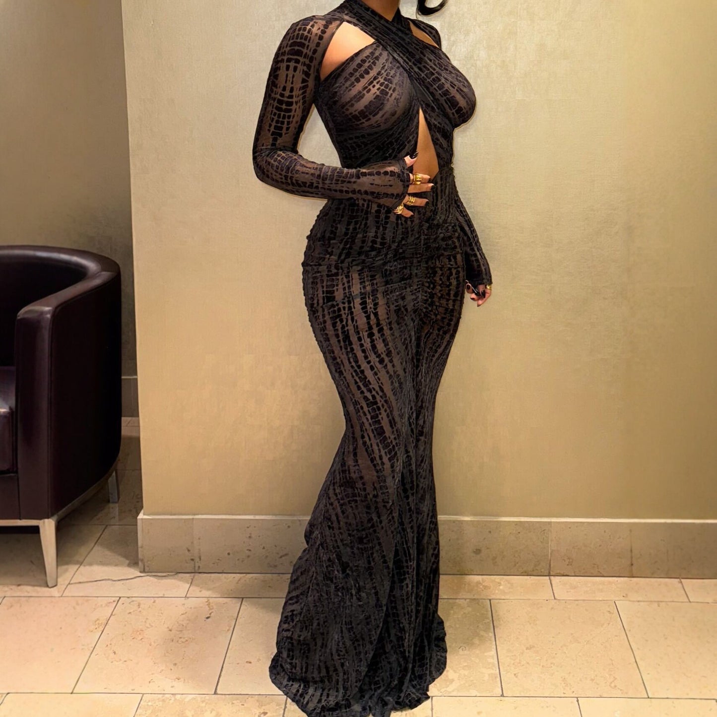 Solid-color Slim-fit Crossover-neck Sexy Evening Gown Maxi Dress