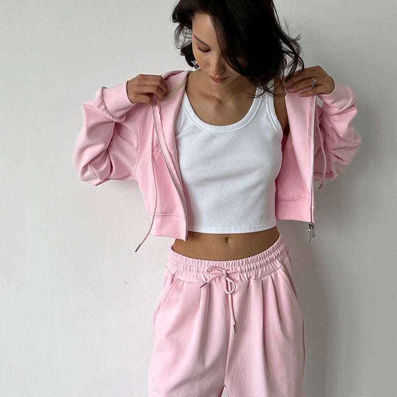 Casual Women's Suit Solid Color Long Sleeve Zip Hoodie Drawstring Sweatpants