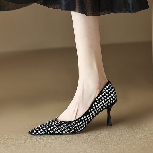 Black Rhinestone French Sheepskin Pointed Fine Heel Small High Heels