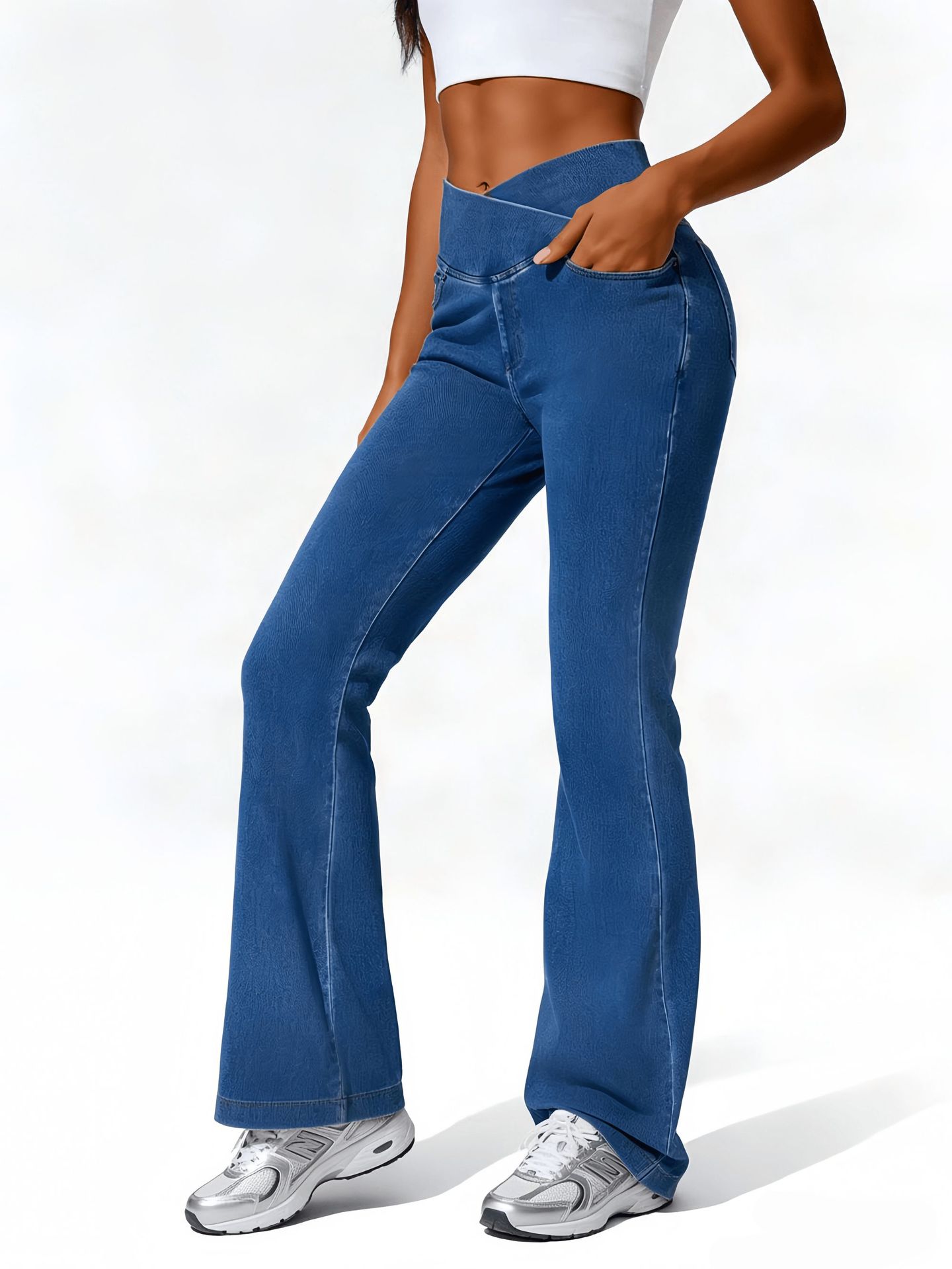 High-elastic, Cross-waist, Faux Denim Flared Pants For A Casual Look