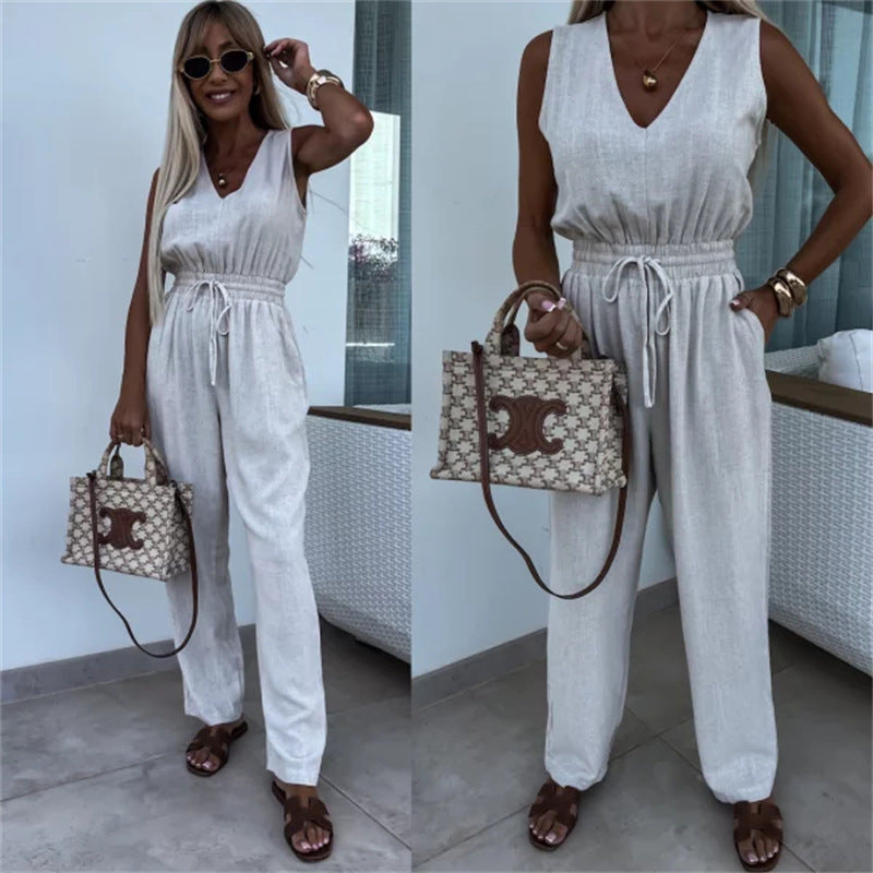 Womens Casua Elegant Solid-Color High-Waisted Sleeveless Jumpsuit