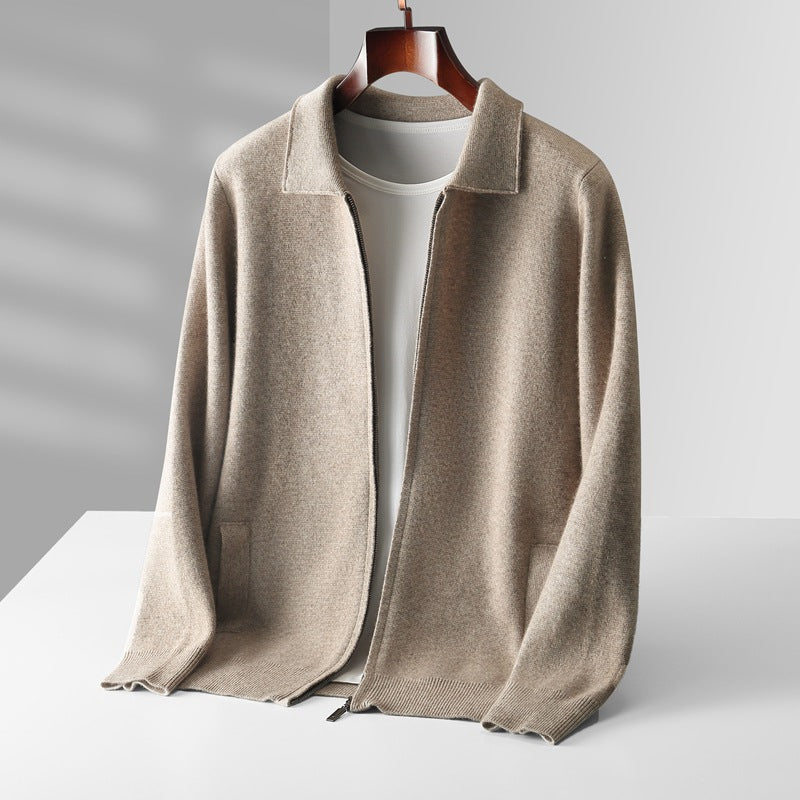 Pure Wool Cardigan Men's Knitted Turn-down Collar Coat