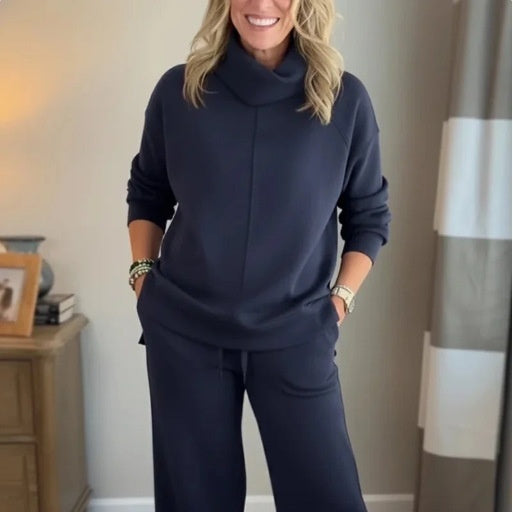 Solid Color Hooded High-neck Top Casual Women's Two-piece Set