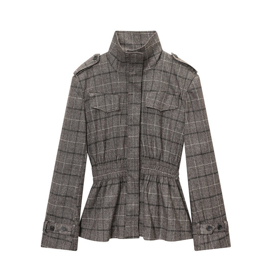 Wool Blend Plaid Ruffle Hem Jacket Pants
