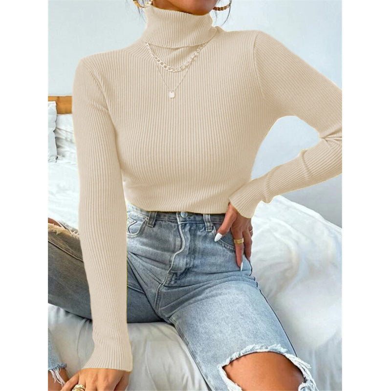 Ny europæisk og amerikansk damestrikket trøje med høj hals og pullover-top