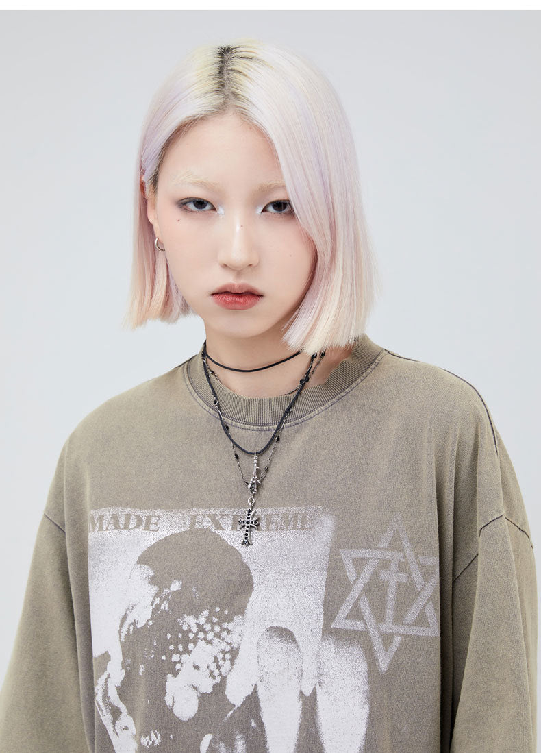 Printed Washed And Worn Loose Short Sleeve T-shirt
