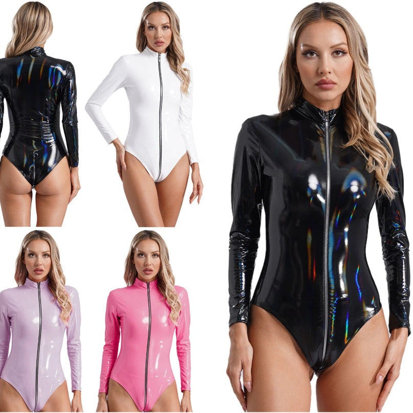 Zipper Open Crotch Mirror Colorful Sexy Women's One-piece Tights