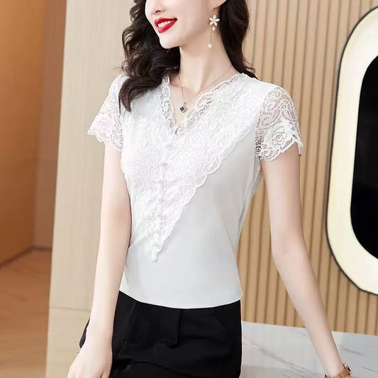 Lace Hollow-out Elegant Slimming Beading Lace Short-sleeved Top