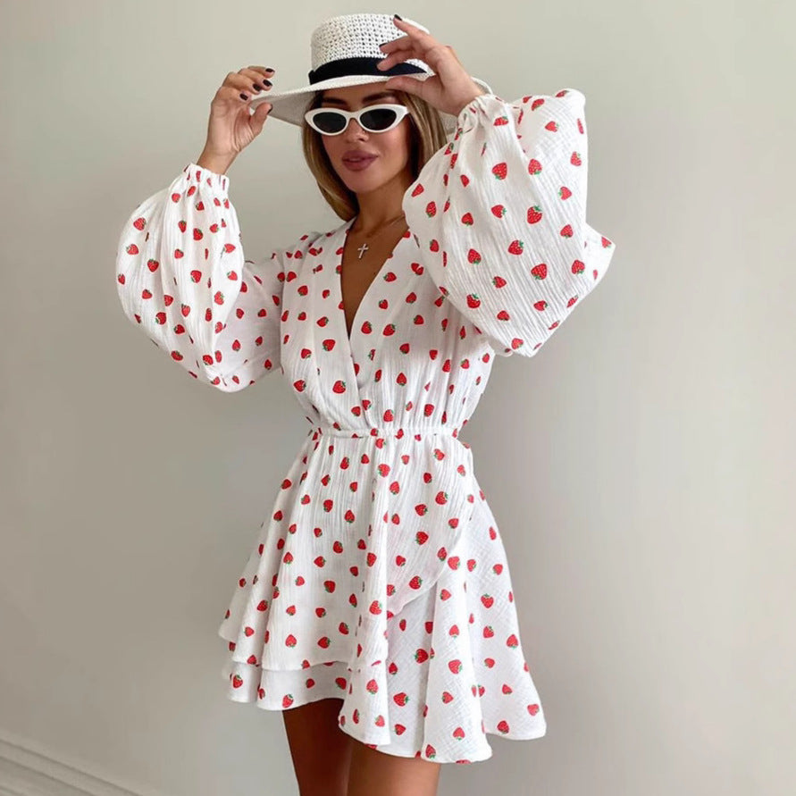 New Strawberry-Print V-Neck Lantern-Sleeve Dress