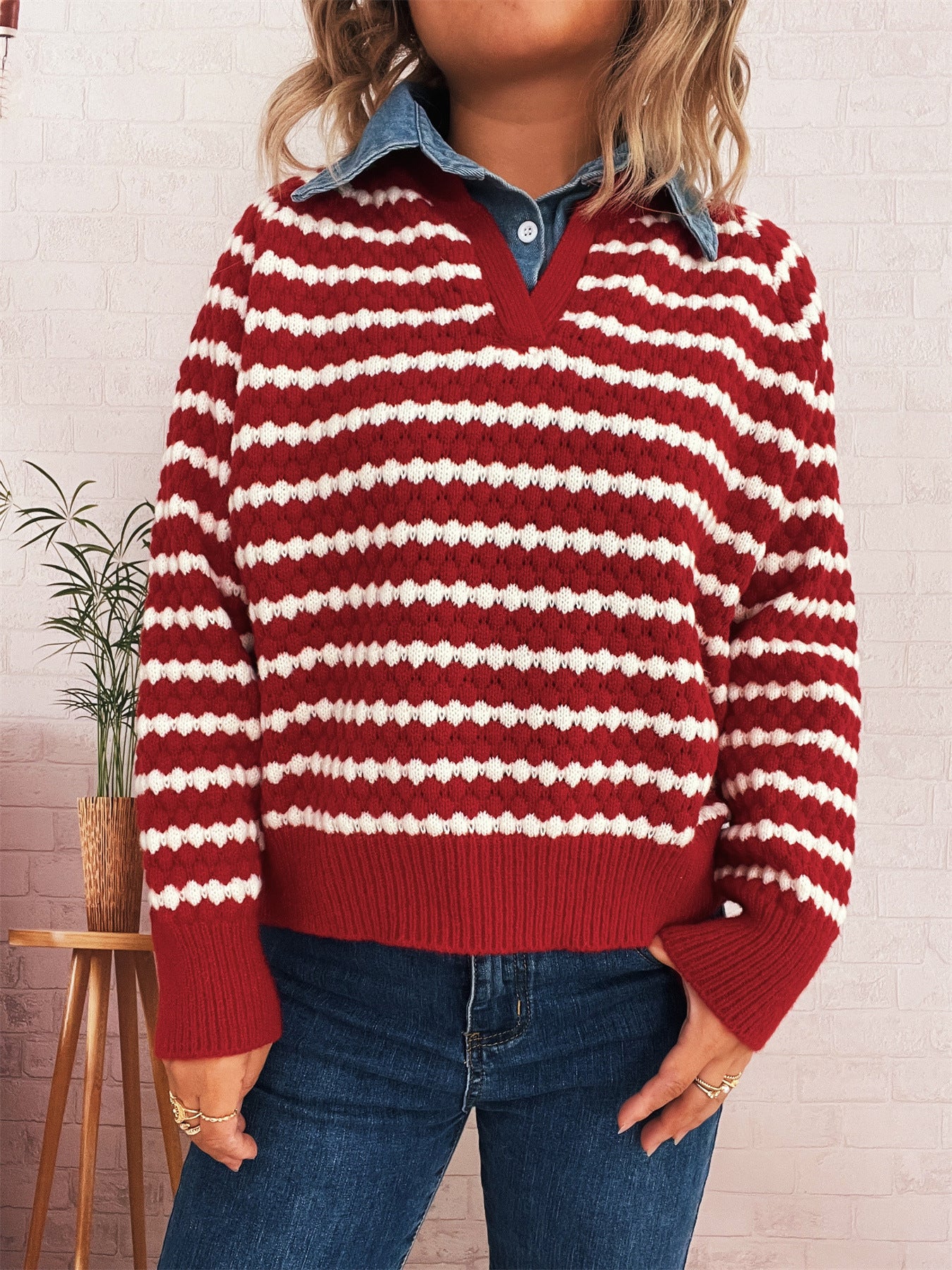 Women's Denim Patchwork Lapel Knitted Stripe Color Block Fake Two-piece Sweater