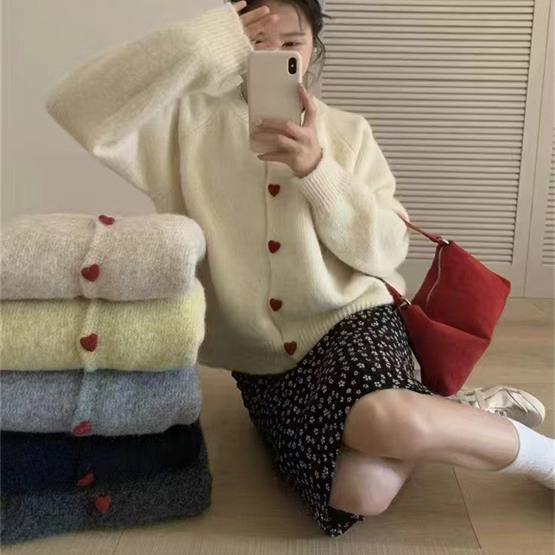 Rundhalset Matchende Design Kærlighed Pige Spænde Strikket Cardigan Sweater Frakke Til Kvinder