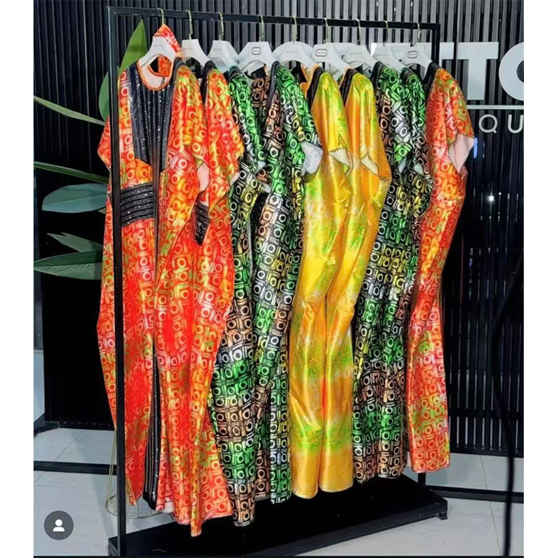 Printed Loose Robe Ethnic-Style Rhinestone-Embellished Plus-Size Dress