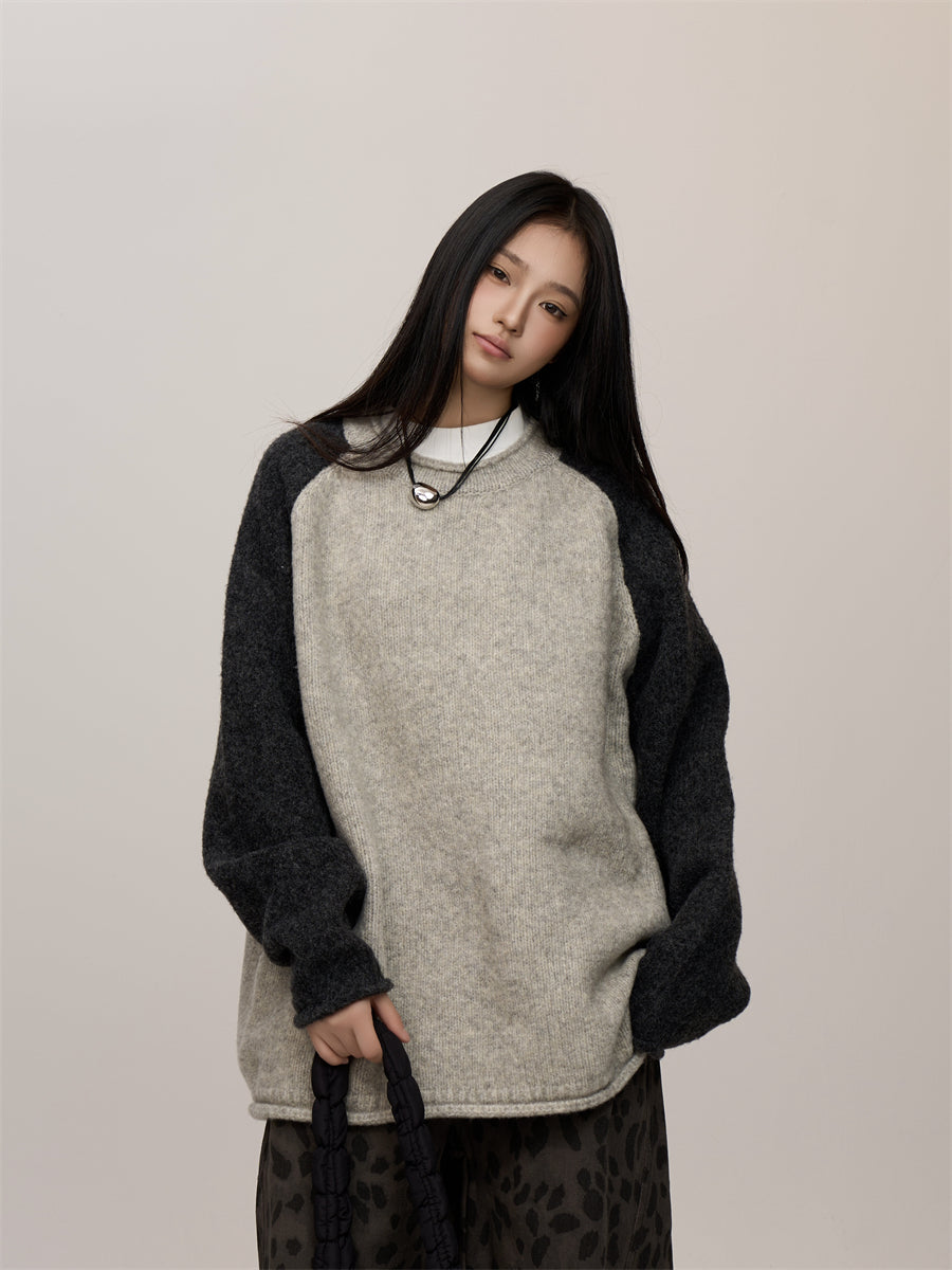 Contrast Color Idle Style Round Neck Sweater Women's Street Raglan Top