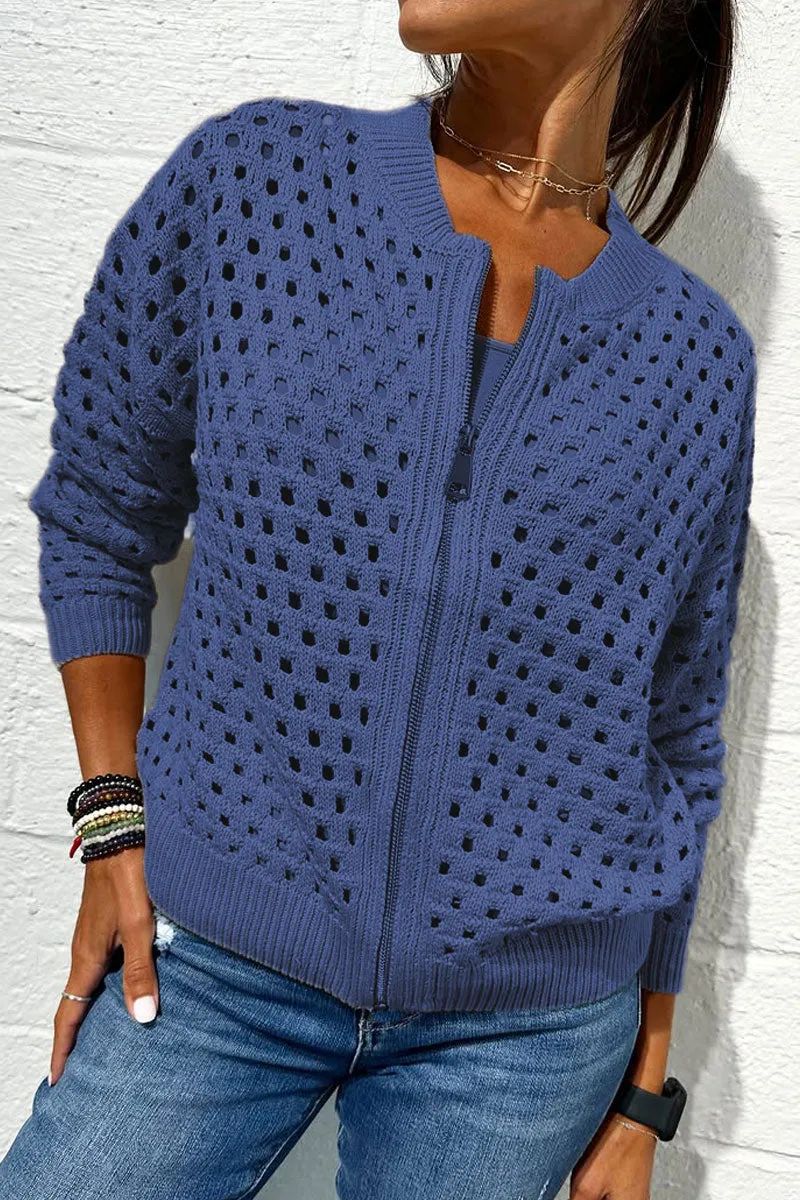 Fashion Hollow Knitted Jacket Zip-up Long-sleeved Tops Women's Clothing