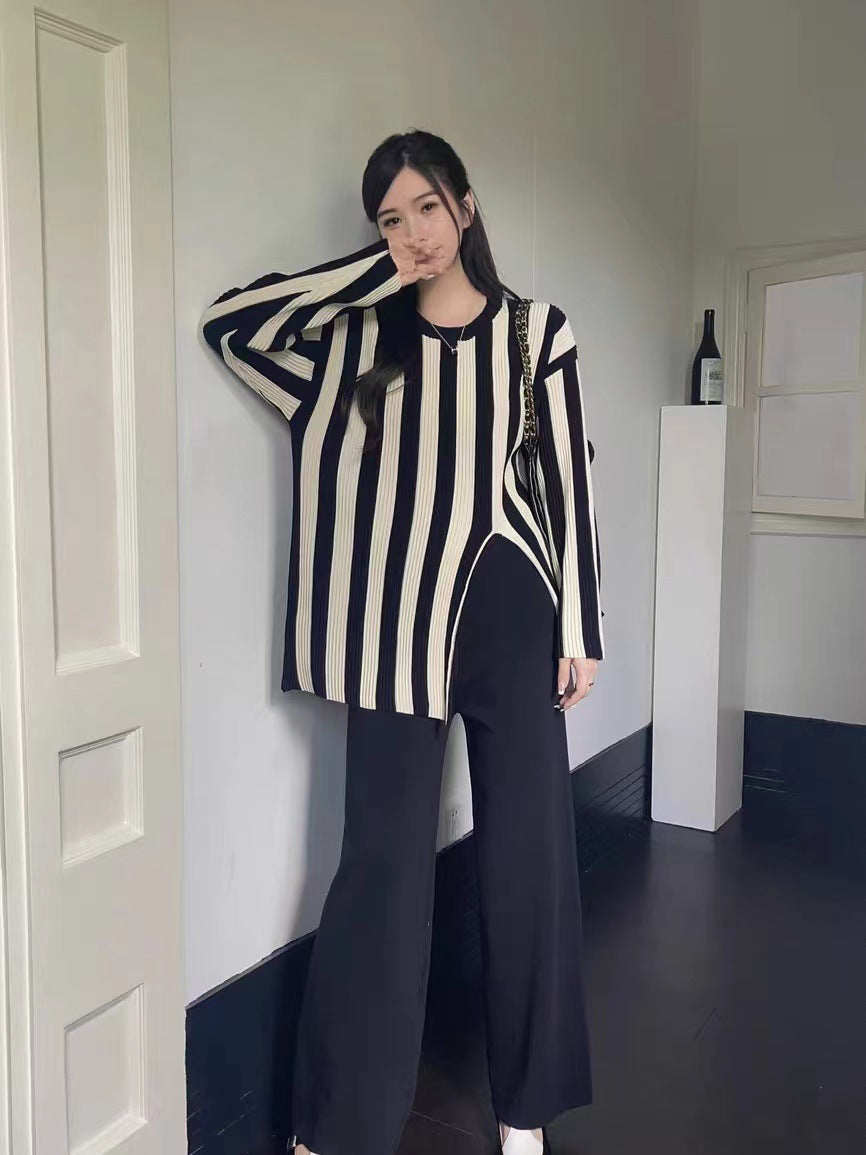 Vertical Stripes Crew Neck Split Knitwear Top High Waist Wide Leg Trousers Fashion Two-piece Suit