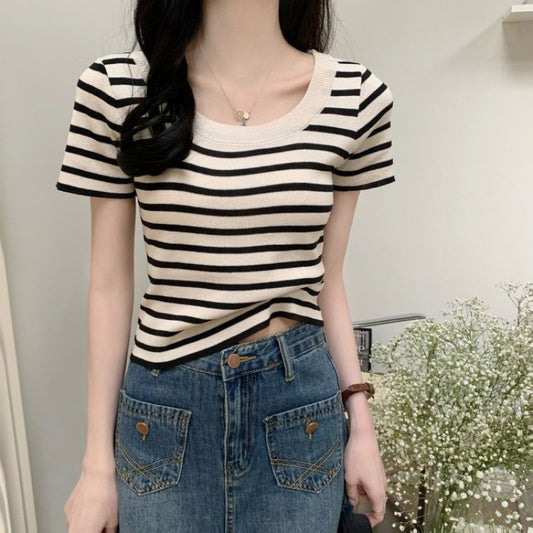 Casual Short-sleeved Slim-fit Striped T-shirt