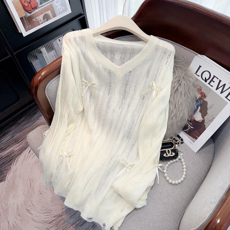 Irregular Hollow-out Blouse Bowknot Knitted Sweater