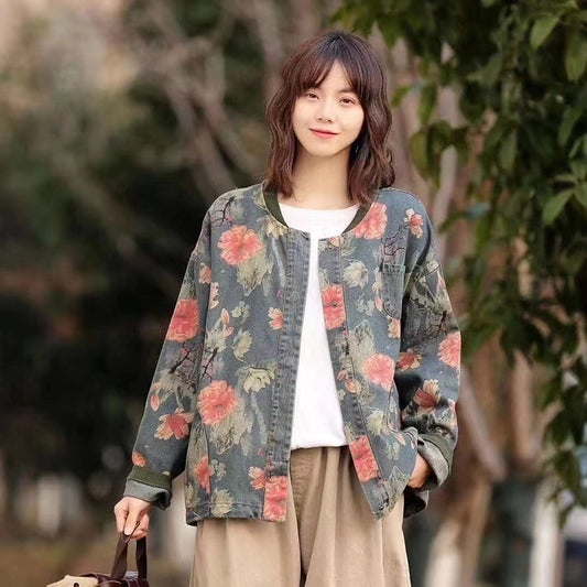 Women's Ethnic Literary Retro Print Denim Jacket