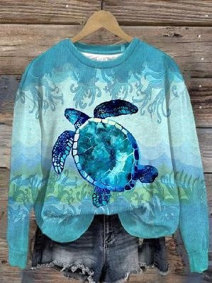 Kvinders Efterårs- og Vintertrends Digitaltrykt Rundhalset Sweater med Slidsede Skuldre og Lange Ærmer