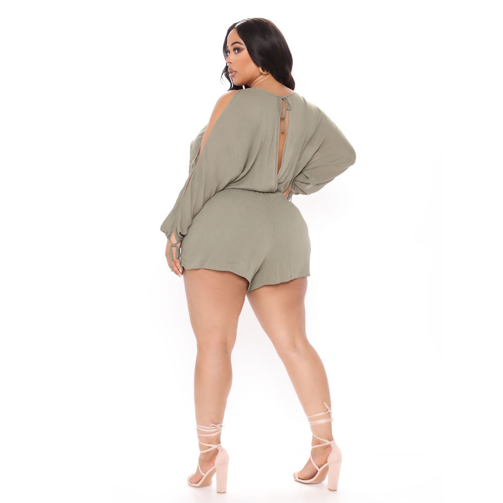 Women's Fashion Casual Solid Color V-Neck Doll Sleeve Jumpsuit