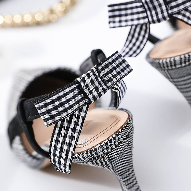 Small Pointed Toe Plaid Fashion High-heeled Sandals Bow Knot Women's Sandals All-match Almond Shoes Women