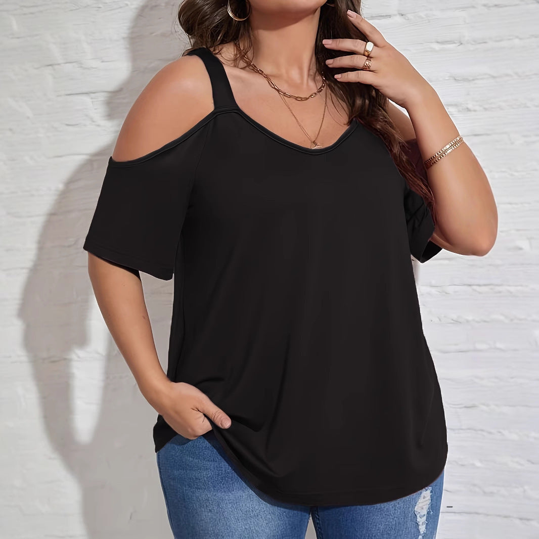 Womens Solid-Color Off-Shoulder Fashion Short-Sleeve T-Shirt