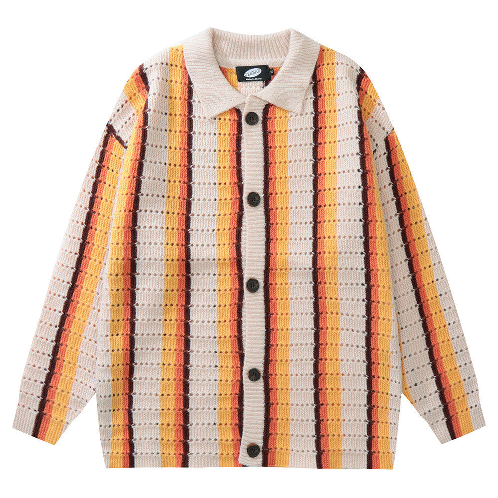 SweaterCrochet StripedThread Lapel Knit Cardigan