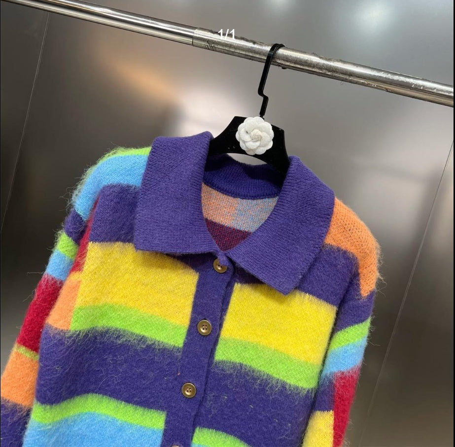 Retro Lazy Style Rainbow Striped Cardigan Sweater