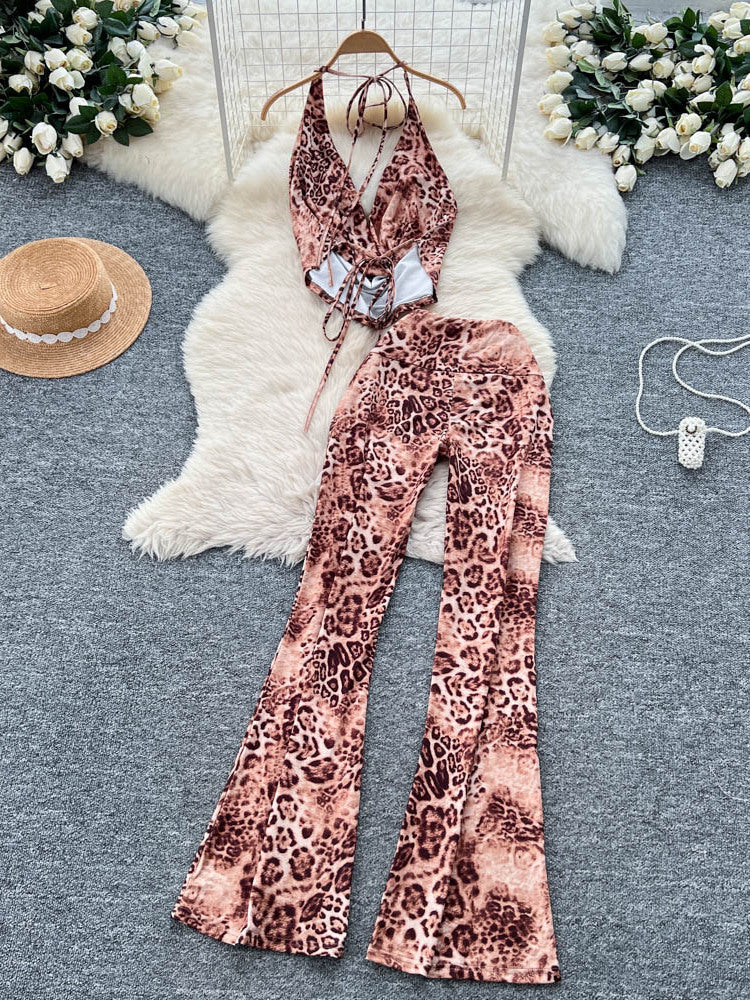 Sexy Scooped-neck Leopard-print Tank Top With High-waisted Flared Pants