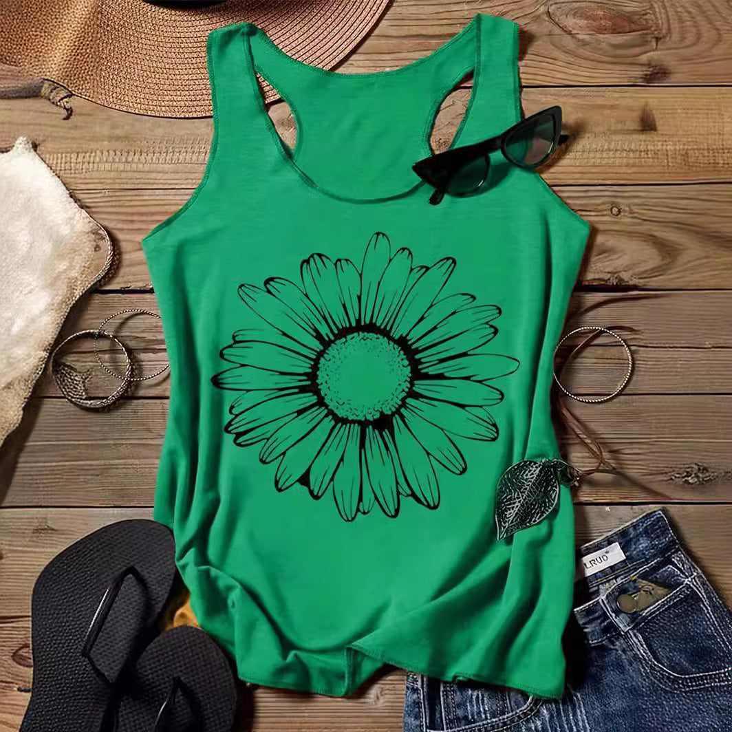 202 Casual Round Neck Narrow Edge Top Loose Sports Pattern Digital Printing Vest Women's Clothing