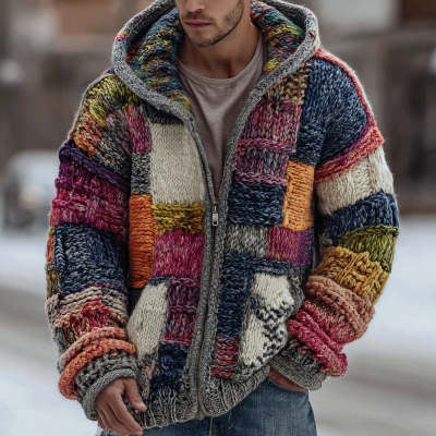 Mens Digital Plaid-Print Hoodie Coat
