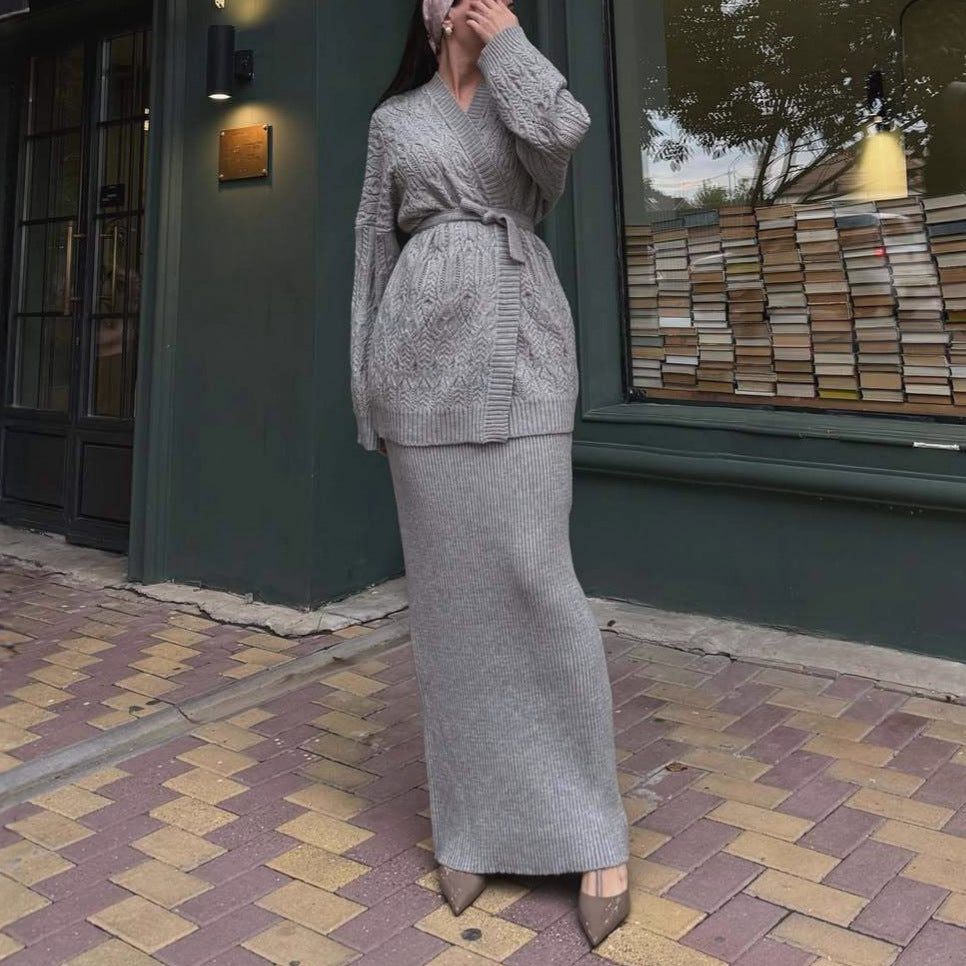V-neck Cardigan With Tie Details, A Loose-fitting, Versatile Knit Sweater Dress Set