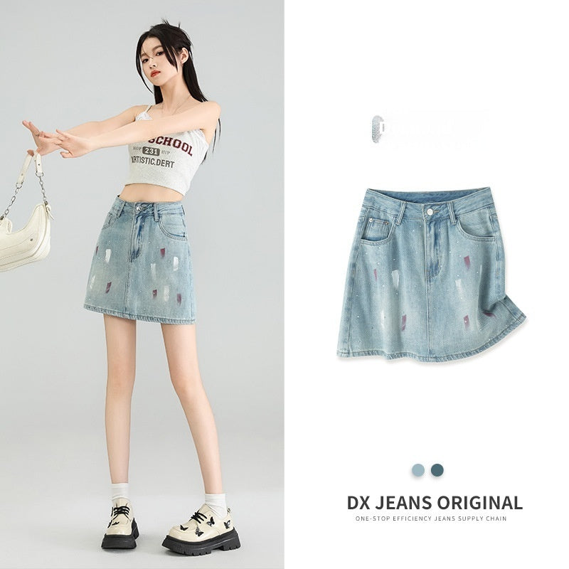 Rhinestone Lining Base Denim Skirt Graffiti Denim
