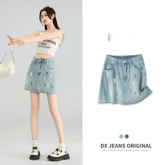 Rhinestone Lining Base Denim Skirt Graffiti Denim