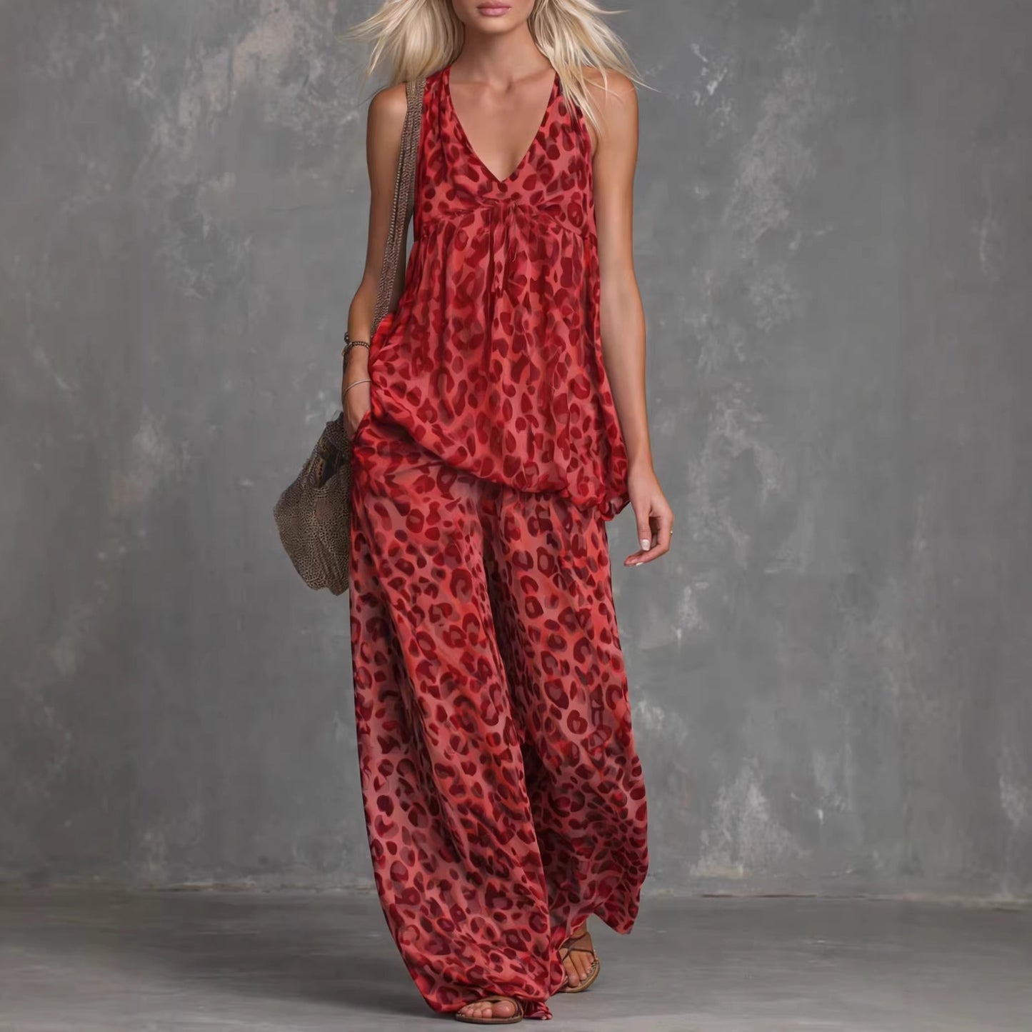 Womens Loose-Fitting Leopard-Print Sleeveless Top And Chiffon Pants Set