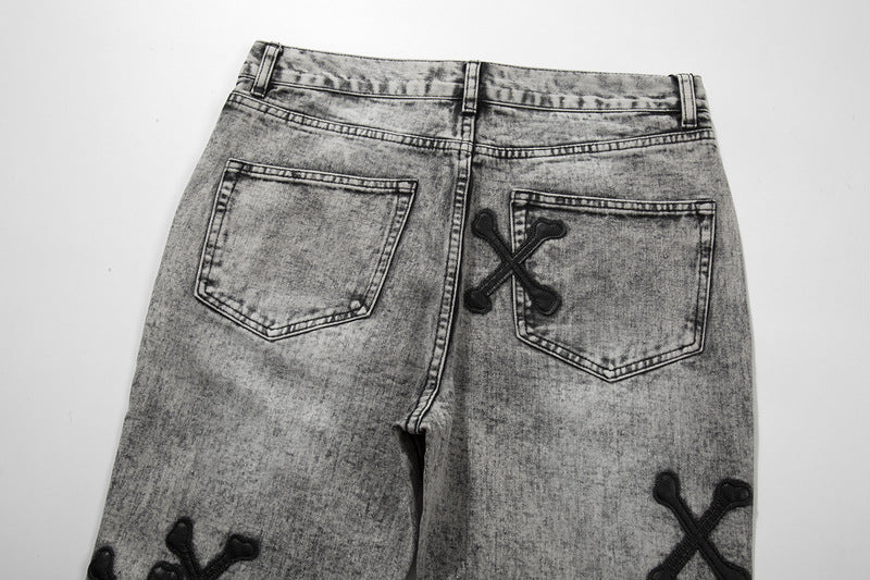 High Street Cross Bone Patch Skin Washed Gray Slim-fit Jeans