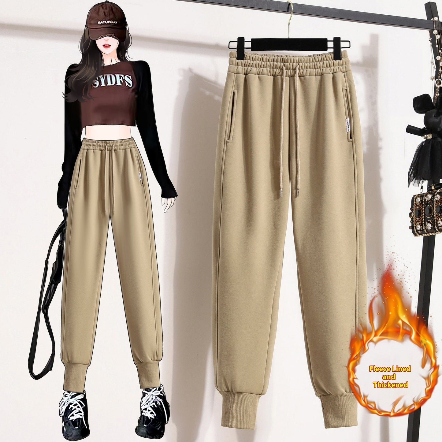 Winter New Fleece-lined Thickened High Waist Ankle-tied Harem Pants