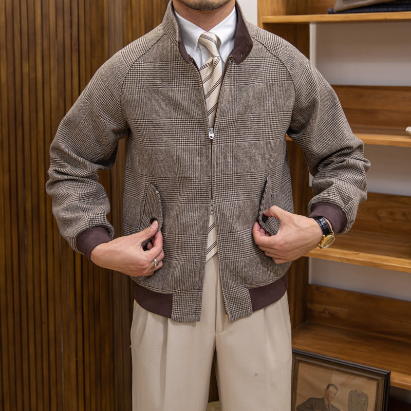 Stand Collar Plaid Short Jacket Slim-fit Cashmere