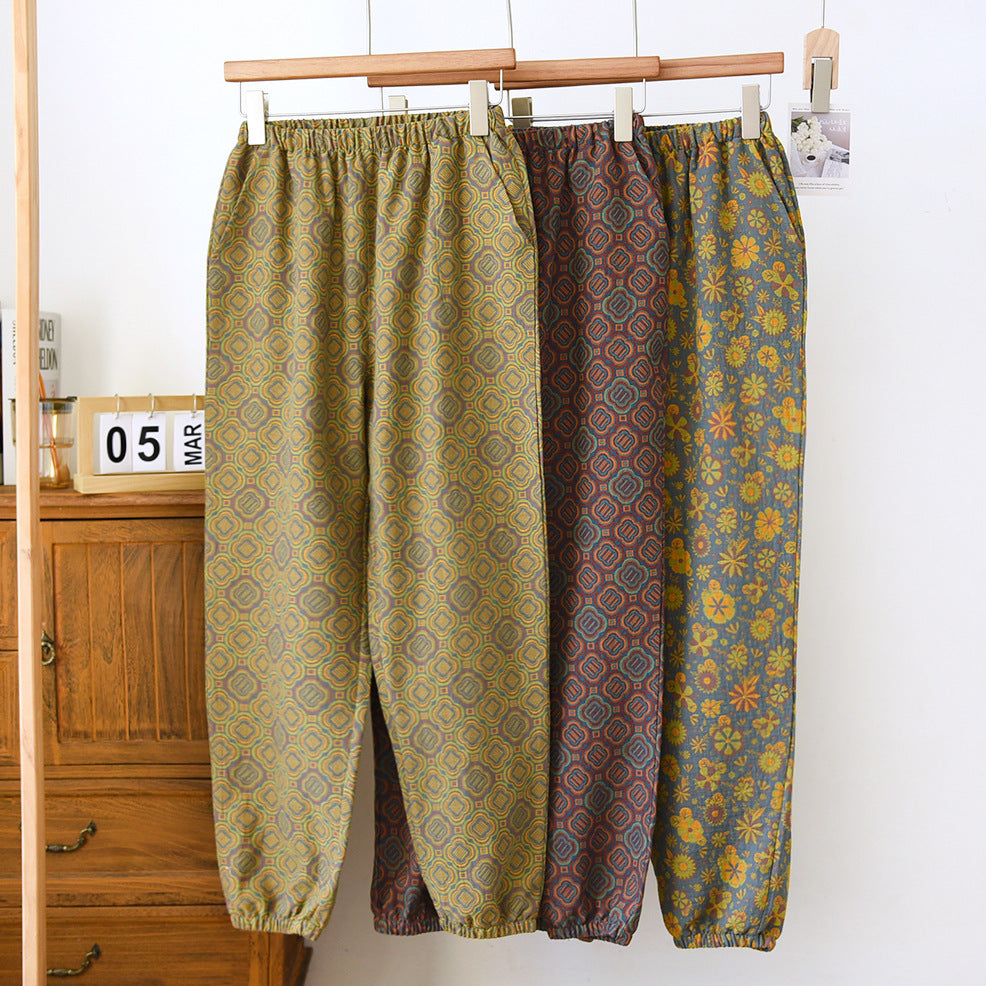 Women's Fashionable Vintage Yarn-dyed Closed Cotton Drawstring Trousers