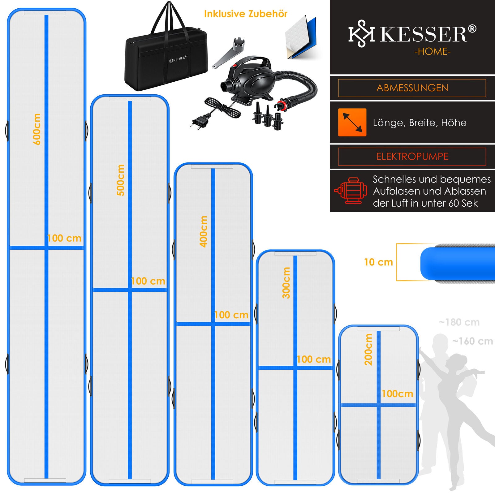 KESSER® Turnmatte Aufblasbar Air Track Matte Tumbling Gymnastikmatte Mit Pumpe